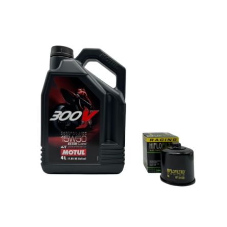 Pack 4L d'huile MOTUL 300V 15W-50 + Filtre a huile Hiflofiltro Racing HF204RC